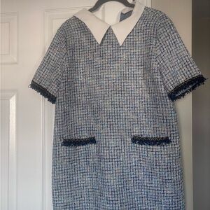 Blue Tweed Dress with White Peter Pan Collar